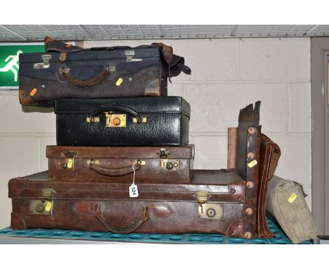 A COLLECTION OF SIX PIECES OF EARLY TO MID CENTURY TRAVELLING LUGGAGE, comprising a brown leather briefcase made by Pendragon