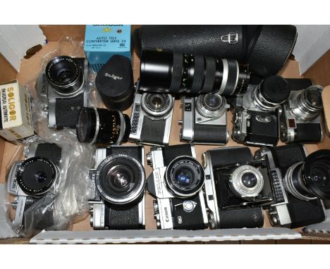 ONE BOX OF VINTAGE FILM CAMERAS AND LENSES ETC, to include a Lordomat 35mm camera fitted with an interchangeable Leidolf Wetz