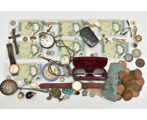 A BOX OF ASSORTED ITEMS, to include a silver open face pocket watch, key wound, round white dial signed 'J.W.Benson, London',