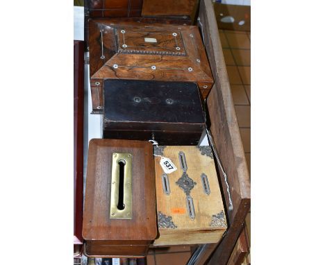 A GROUP OF SMALL WOODEN BOXES, to include a mother of pearl inlaid workbox of sarcophagus form, with some inner fittings, app