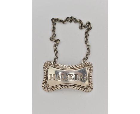 A GEORGIAN SILVER DECANTER LABEL, rectangular label, engraved 'Madeira', makers mark 'Hester Bateman' mid to late 1700's, sta