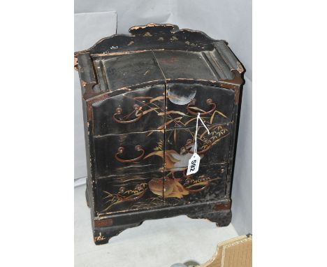 A JAPANESE PAINTED LACQUER CABINET, approximate dimensions height 39cm, width 23cm, depth 11cm, together with contents: vinta