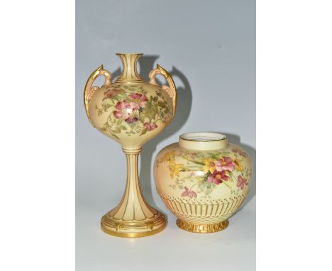 TWO PIECES OF ROYAL WORCESTER BLUSH IVORY, comprising a stemmed vase, shape 2303 of baluster form on a fluted stem decorated 