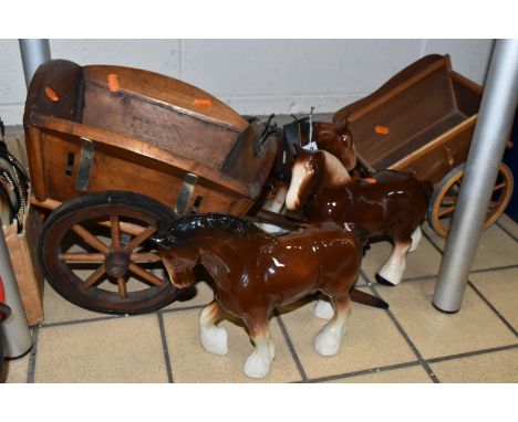 TWO BOXES AND LOOSE CERAMIC HEAVY HORSE FIGURES, sixteen horses, most harnessed, tallest approximately 30cm, with two wagons 