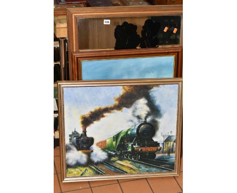 A VINTAGE RENAULT ADVERTISING MIRROR, approximate size 90cm x 65cm including frame, together with an oil on canvas depicting 