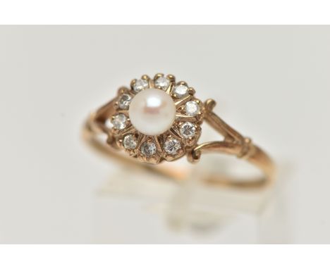 A 9CT GOLD CULTURED PEARL AND DIAMOND CLUSTER RING, circular cluster, set with a single cultured pearl, measuring approximate