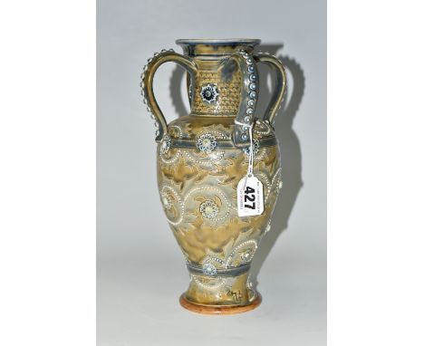 A DOULTON LAMBETH VASE, by George Tinworth, an English ceramic artist who worked for the Doulton factory at Lambeth from 1867