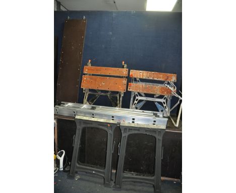 THREE BLACK AND DECKER WORKMATES, a platform ladder with Youngman board (missing bolts) a ladder stand off and two plastic tr