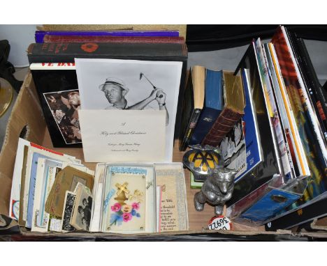 A BOX OF PRINTED EPHEMERA ETC, to include a Bing Crosby Christmas card signed in pen by Bing and his wife Kathryn, a signed p