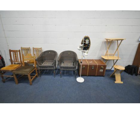 A SELECTION OF OCCASIONAL FURNITURE, to include a wooden banded travelling trunk, two folding tables, a folding stool, an ova
