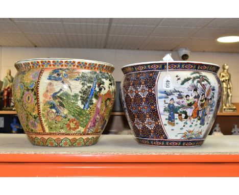 TWO SATSUMA STYLE ORIENTAL PLANTERS, decorated with traditional Japanese family scenes, one planter has a red character mark 