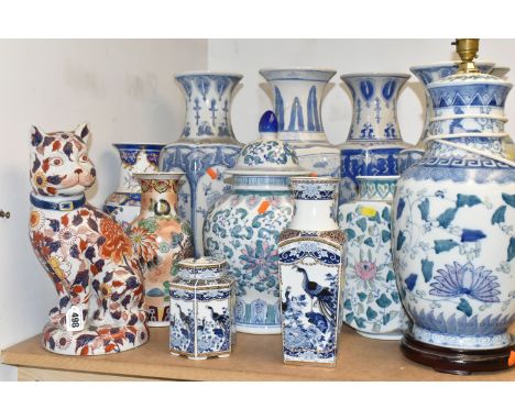 A COLLECTION OF LARGE VASES, LAMP AND CAT FIGURE, to include an Oriental ceramic cat figure with Imari decoration and charact