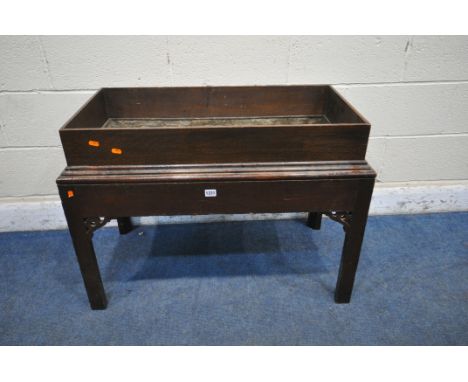 A GEORGIAN AND LATER OAK PLANTER ON STAND, with a galvanized liner, width 89cm x depth 48cm x height 65cm (condition report: 