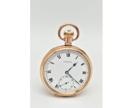 A ROLLED GOLD OPEN FACE 'STAYTE' POCKET WATCH, manual wind, round white dial signed 'Stayte', Roman numerals, subsidiary dial