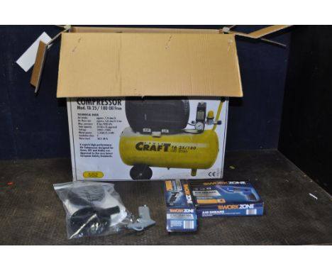 A POWER CRAFT TA25/180 COMPRESSOR in original box with a Workzone Air Shear and a Workzone Air Cut off tool (PAT pass and wor
