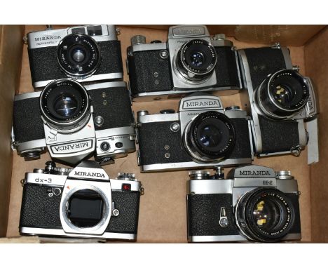 SEVEN VINTAGE MIRANDA CAMERAS AND LENSES, comprising a ST body fitted with a 5cm f2.8 lens, an FV-T body with 5cm f1.9 lens, 