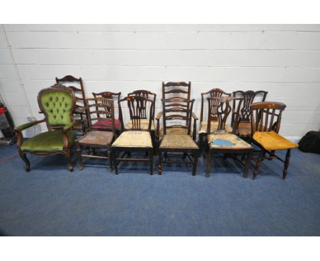 A LARGE VARIETY OF PERIOD CHAIRS, to include a Victorian style armchair, with green button back upholstery, two rush seated l