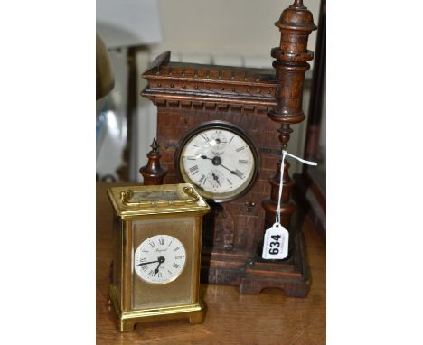 TWO VINTAGE CLOCKS, comprising a brass Bayard 8 day carriage clock, in need of some attention and an oak cased mantle clock i