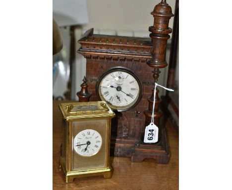 TWO VINTAGE CLOCKS, comprising a brass Bayard 8 day carriage clock, in need of some attention and an oak cased mantle clock i