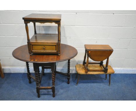 A 20TH CENTURY OAK OVAL BARLEY TWIST GATE LEG TABLE, open width 106cm x closed width 39cm x depth 77cm x height 74cm, a Natha