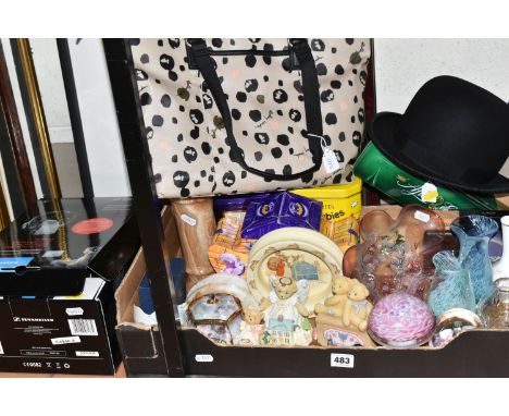 A BOX AND LOOSE CERAMICS, GLASS, HEADPHONES, PICTURES AND SUNDRY ITEMS, to include a Radley tote bag, a G A Dunn &amp; Co bow