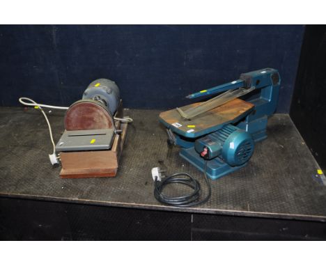 A VINTAGE NAEROK 10in SCROLL SAW (missing blade) and a bespoke disc sander (both PAT fail due to uninsulated plugs but workin