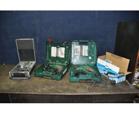 A CASED BOSCH PBH2100RE DRILL, a cased Bosch PSB680RE drill, a Silverline angle grinder (all PAT pass and working) and a case