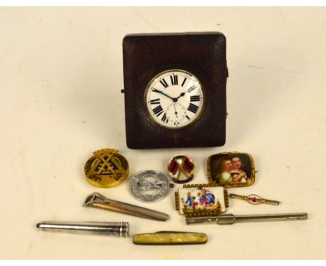 A small mixed lot of collectors' items including an oversized crown wind open face pocket watch with travelling case, a sterl