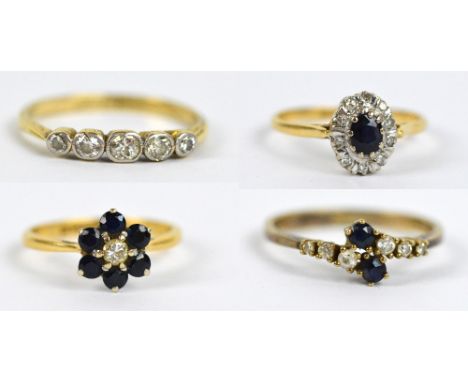 A collection of dress rings comprising an 18ct yellow gold ring set with five collet set graduated diamonds, size O/P, an 18c