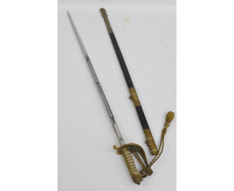 A George VI naval officer's sword with shagreen and wirework grip, blue and gold grip, embossed knuckle guard with hinged loc