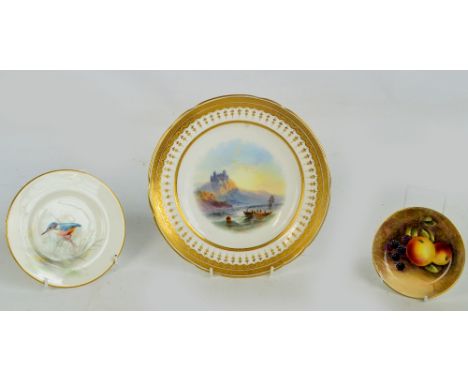 A Minton porcelain cabinet plate hand painted with a coastal scene with boats and castle in the background, within gilt ornam