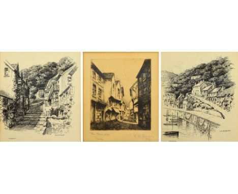 R.A. RISELEY; a signed blue and white etching, street in York, signed and dated in pencil to lower left, 1928, and two simila