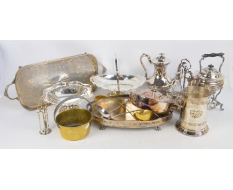 A quantity of electroplated items including a teapot on stand, a large coffee pot, baskets, bottle coaster, trays, two piece 