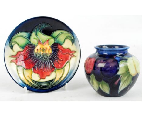 A Moorcroft "Plum" pattern tubeline decorated squat baluster vase, height 6.5cm, and a modern circular pin dish, dated 1998, 