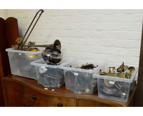 A quantity of metalware including candlesticks, a coffee grinder, a trivet, a silver plated twin handled bowl, a pair of mirr