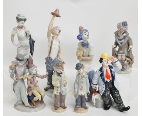 A Royal Doulton figure; HN2277 "Slap Dash", six Lladro models of clowns (four af) and a Nao clown (8).