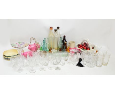 A group of various clear cut glass drinking glasses including a set of six brandy examples, also a bowl and a similar vase, t