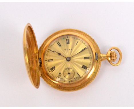 WILKA; a late 19th/early 20th century Swiss 18ct yellow gold cased crown wind full hunter fob watch, the circular engine turn