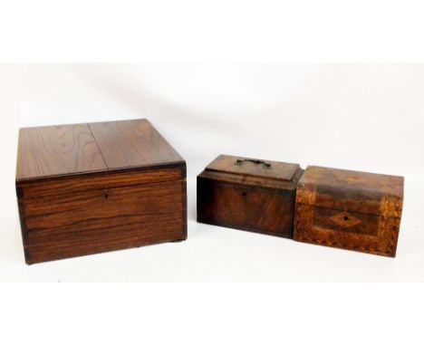 A Georgian mahogany tea caddy, the hinged inlaid detailed lid enclosing sectioned interior, 26 x 14 x 15cm, also a late Victo