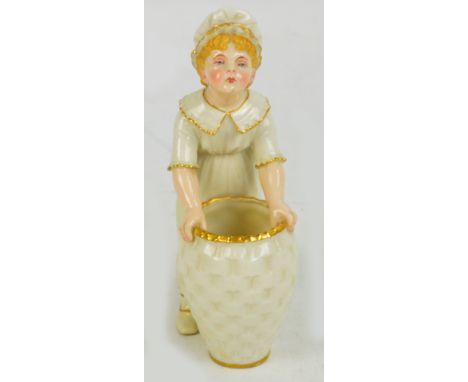 A late 19th century Royal Worcester porcelain figure of a vase depicting a girl leaning against a wicker baluster basket, mar