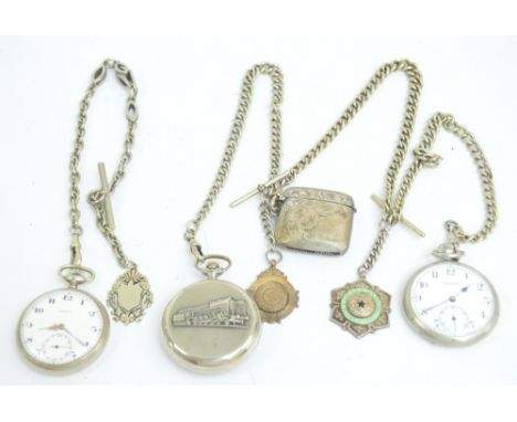 Three silver plated cased open face crown wind pocket watches including a floral decorated example on mother of pearl link ch