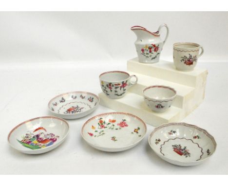Three 19th century Newhall porcelain cups and saucers, hand painted with floral sprays, one with matching jug (af), and a spa