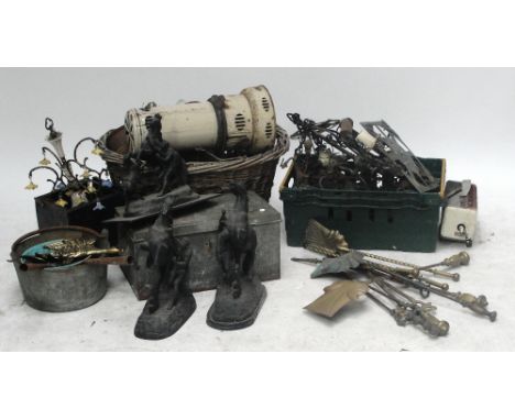 A large quantity of metalware including a pair of spelter Marley horses (af), a copper kettle, a light fitting, a bracket, a 