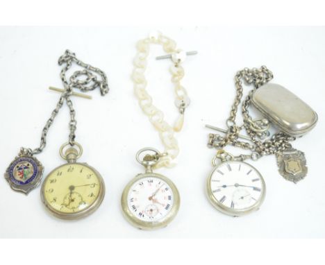 Three silver plated cased open face pocket watches including a non-magnetic example, the circular dial set with Arabic numera