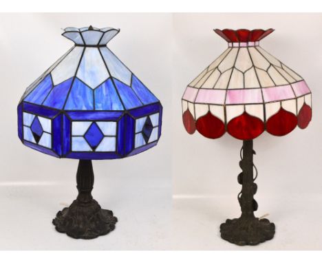 A reproduction spelter Art Nouveau style table lamp decorated with lily pads, height 42cm excluding fittings, a further simil