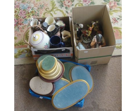 A quantity of Toby jugs, commemorative ware, ceramic figures and a collection of velvet covered stands for ceramics.