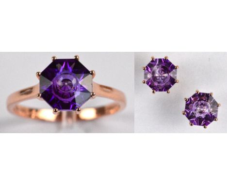 GLENN LEHRER FOR TGGC; a 10ct rose gold ring set with octagonal faceted purple tanzanite in claw setting, size R/S, and a pai