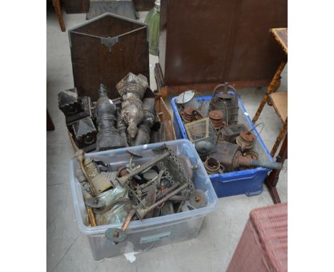 A quantity of hanging lamps, a quantity of newel posts, a weighted adjustable lamp, a trivet, wall bracket lamps, fire guard,