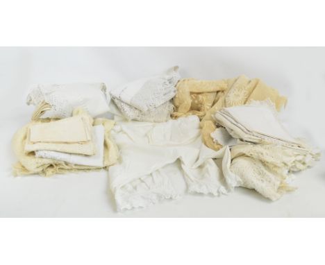 A quantity of mixed lace textiles including netted lace from a wedding dress, broderie anglaise edged knickers, lace and pin 