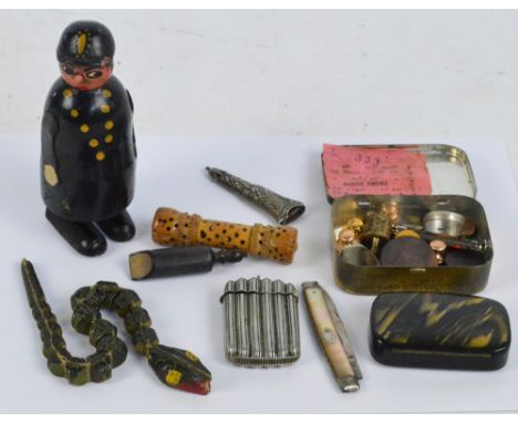 A quantity of collector's items including a mother of pearl handled pocket knife with a hallmarked silver blade, a further po